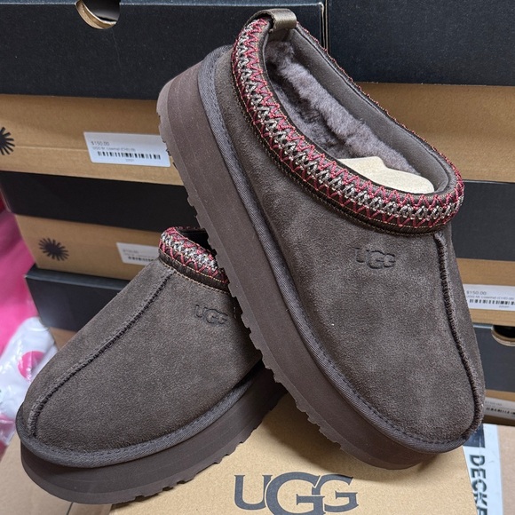 UGG Shoes - UGG TAZZ Chocolate Suede Slip-Ons with Patterned Trim